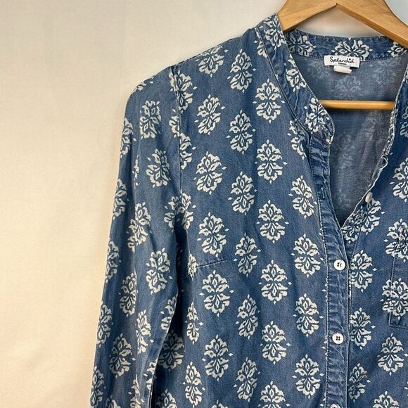 Splendid blue white floral print denim long sleeve button up shirt EUC size S - Picture 2 of 10